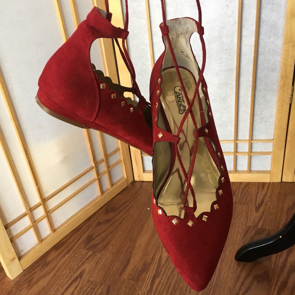 Lace Up Ruby Red Flats w/ Gold Embellishments